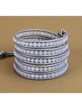 Los Angeles Boutique Simulated Opal Moonstone Leather Wrap Bracelet Beaded Boho